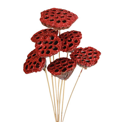 lotus pods - stem - red glitter - bulk - 125/case