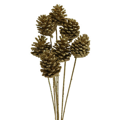 pine cones regular - stem - gold glitter - bulk - 300/case