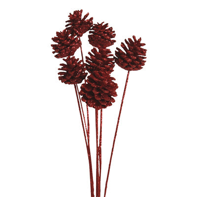 pine cones regular - stem - red glitter - bulk - 300/case