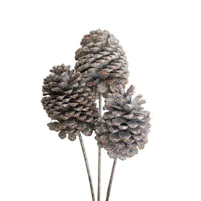 jeffrey pine cones x-large - 3 stem - silver glitter