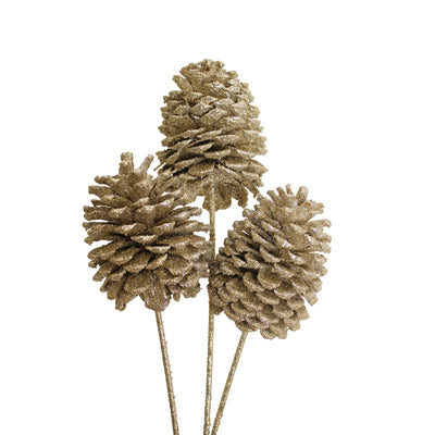 jeffrey pine cones jumbo - champagne glitter - bulk - 30/case
