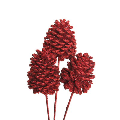 jeffrey pine cones x-large - 3 stem - red glitter