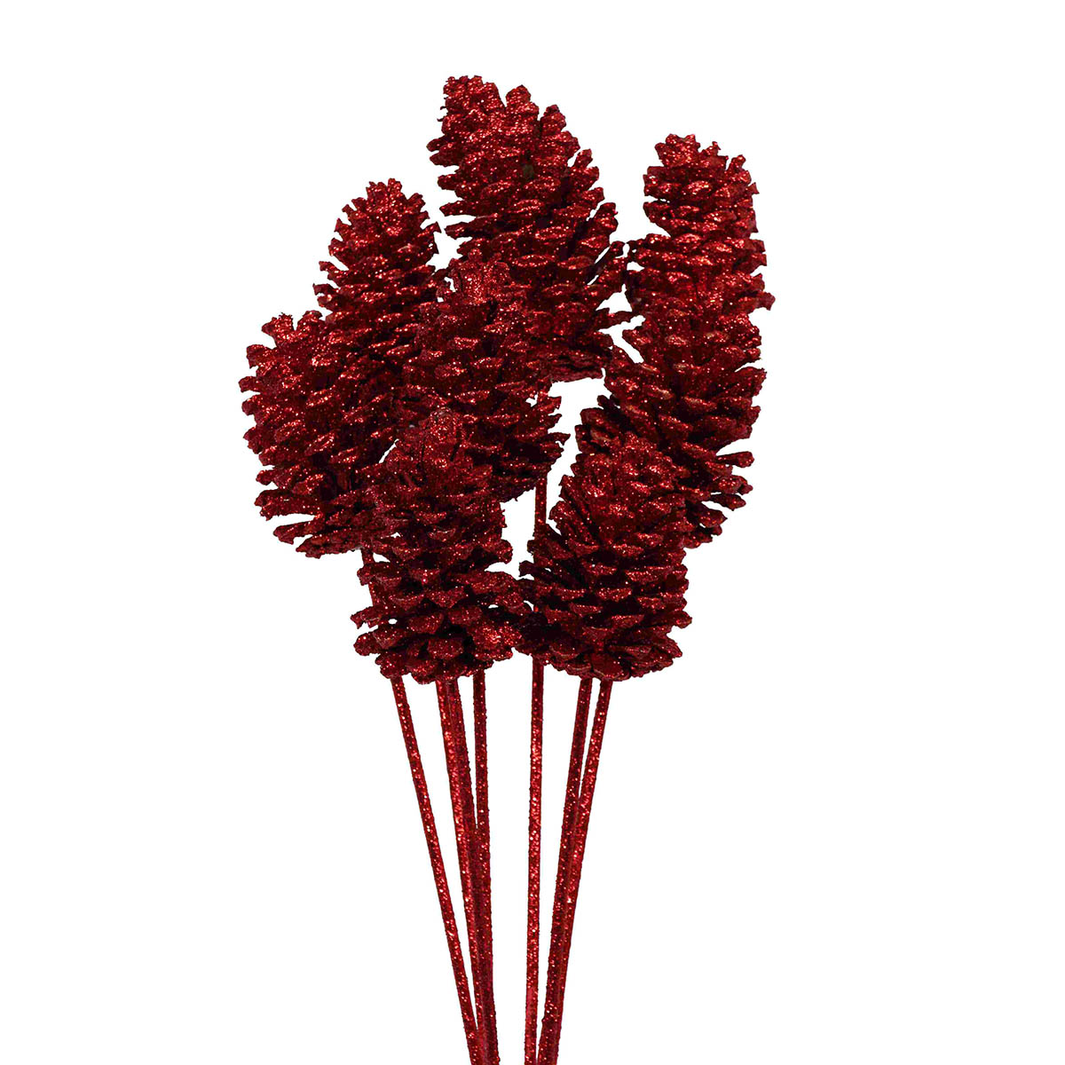 pine cones medium 7-10cm - stem - red glitter - bulk - 150/case