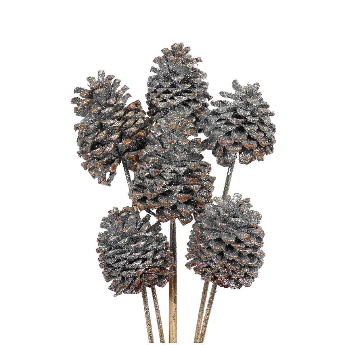 pine cones large 10-15cm - stem - silver glitter - bulk - 100/case