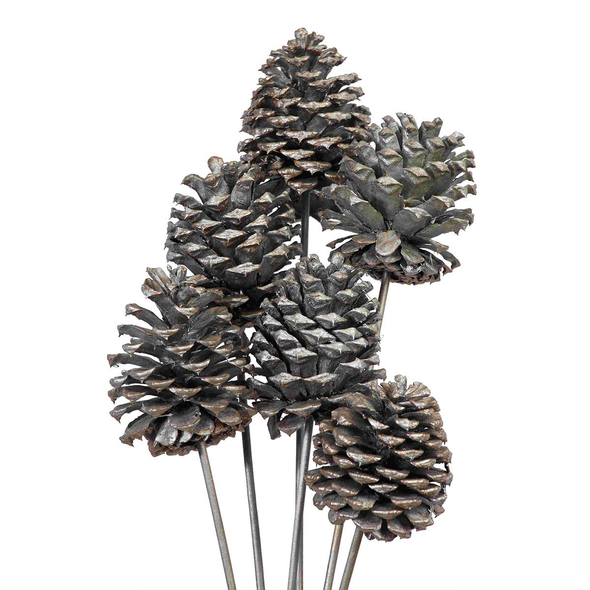 pine cones large 10-15cm - stem - silver metallic - bulk - 100/case