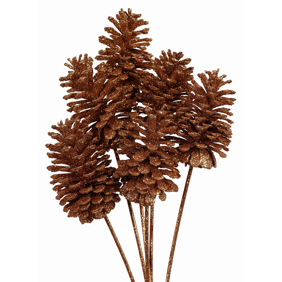 pine cones large 10-15cm - stem - copper glitter - bulk - 100/case