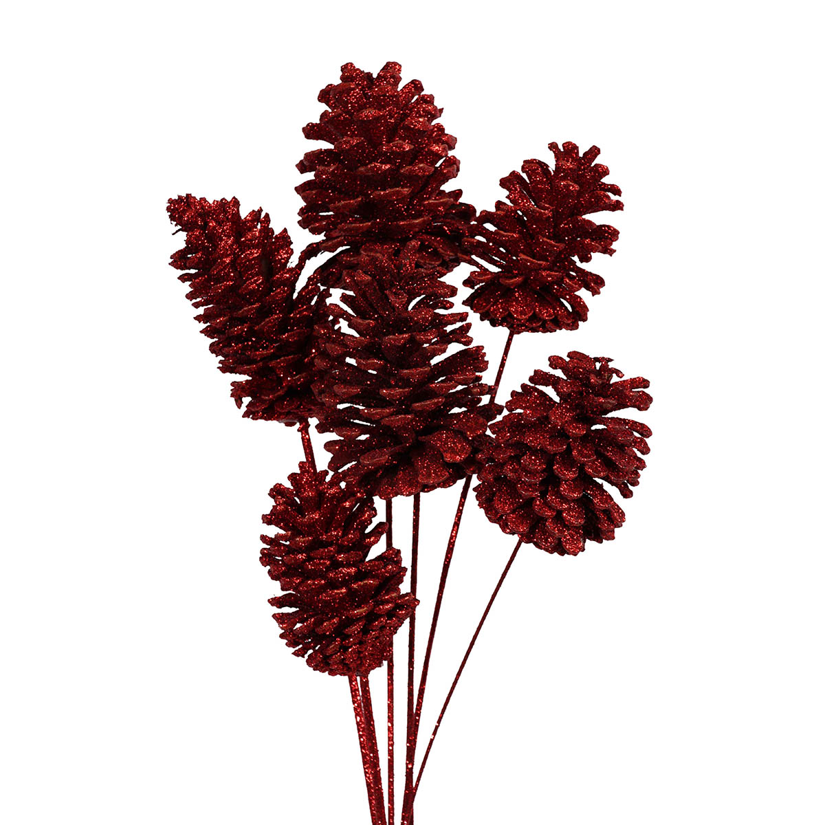 pine cones large 10-15cm - stem - red glitter - bulk - 100/case