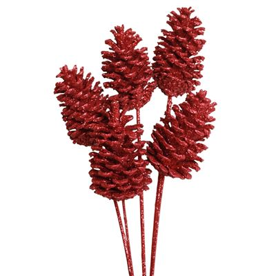 pine cones large - 6 stem - red glitter