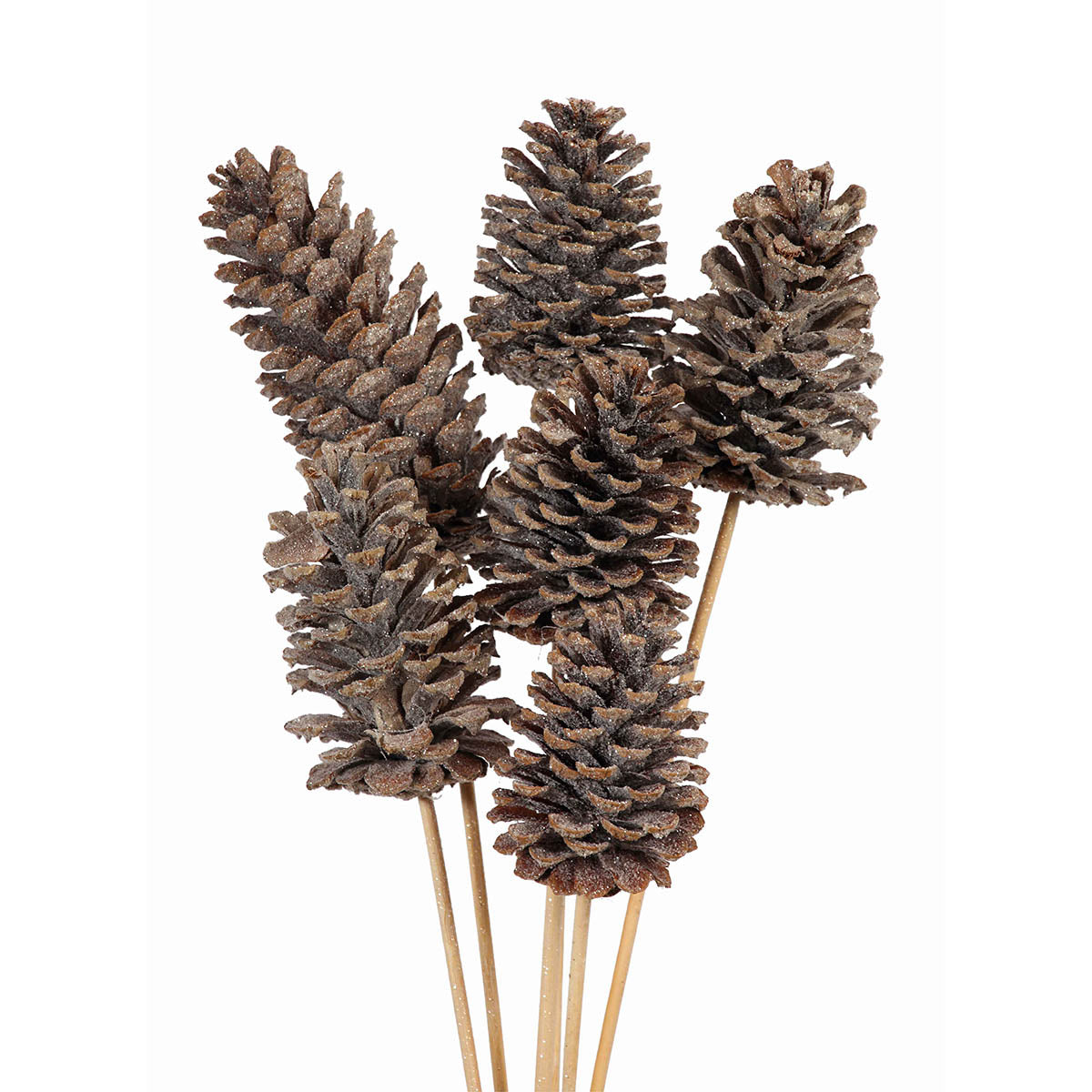 pine cones large 10-15cm - stem - frosted glitter - bulk - 100/case