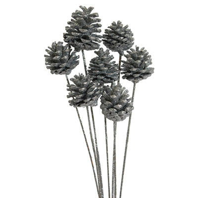 pine cones regular - stem - silver glitter - bulk - 300/case