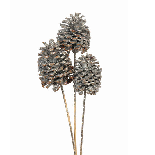 pine cones large - 3 stem - silver glitter