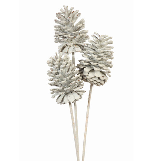 pine cones large - 3 stem - white glitter