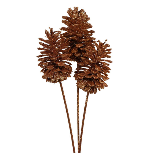 pine cones large - 3 stem - copper glitter