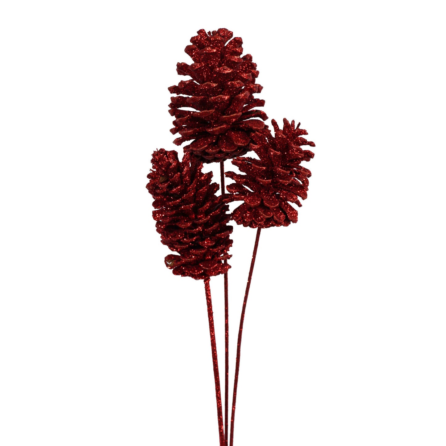 pine cones large - 3 stem - red glitter