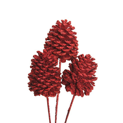 jeffrey pine cones jumbo - red glitter - bulk - 30/case