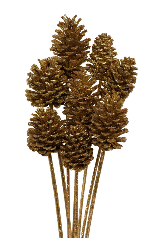 pine cones medium - 8 stem - gold glitter