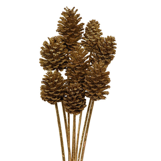 pine cones medium 7-10cm - stem - gold glitter - bulk - 150/case