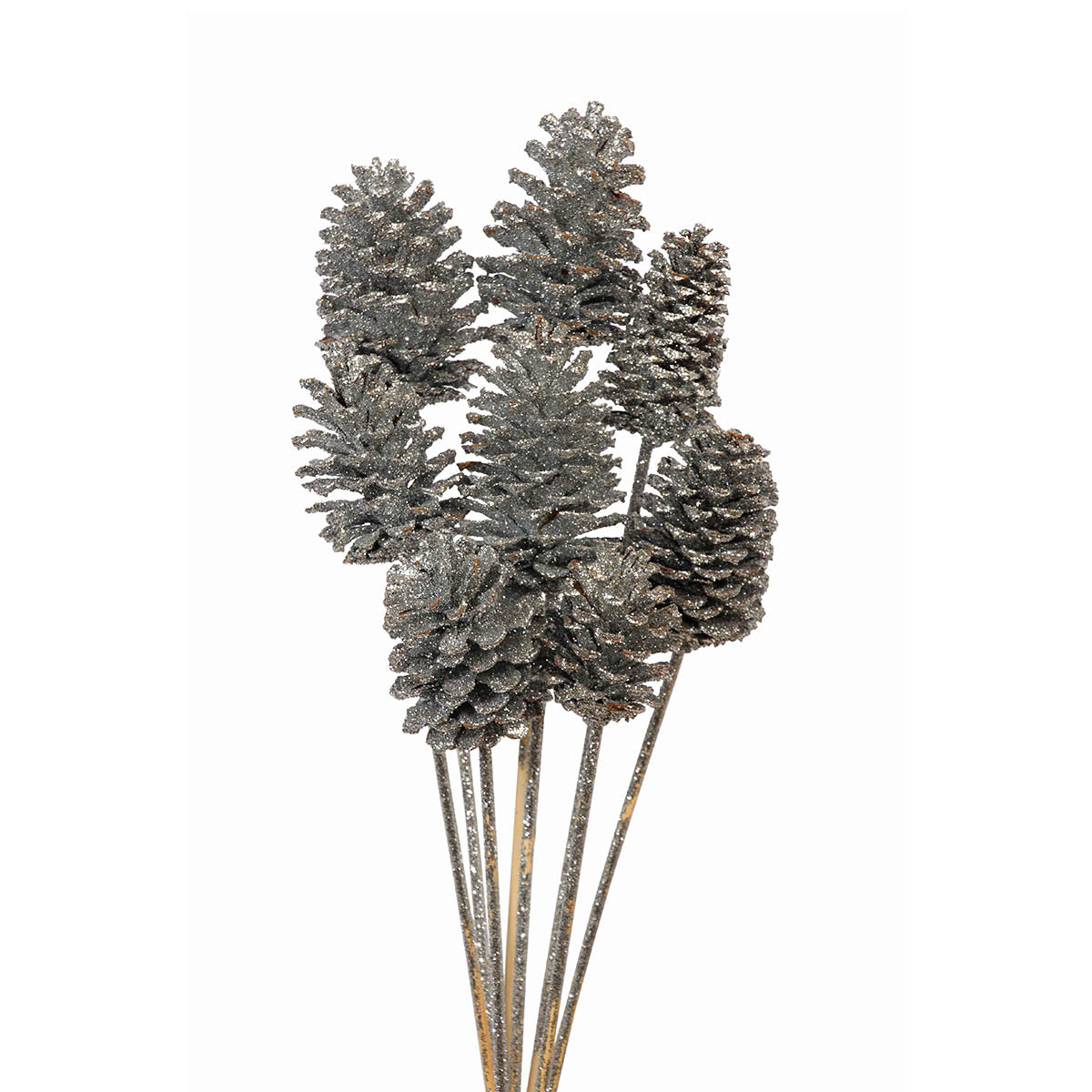pine cones medium 7-10cm - stem - silver glitter - bulk - 150/case