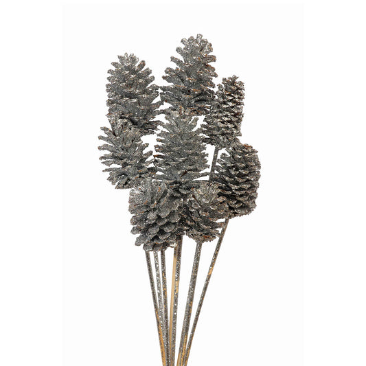 pine cones medium 7-10cm - stem - silver glitter - bulk - 150/case