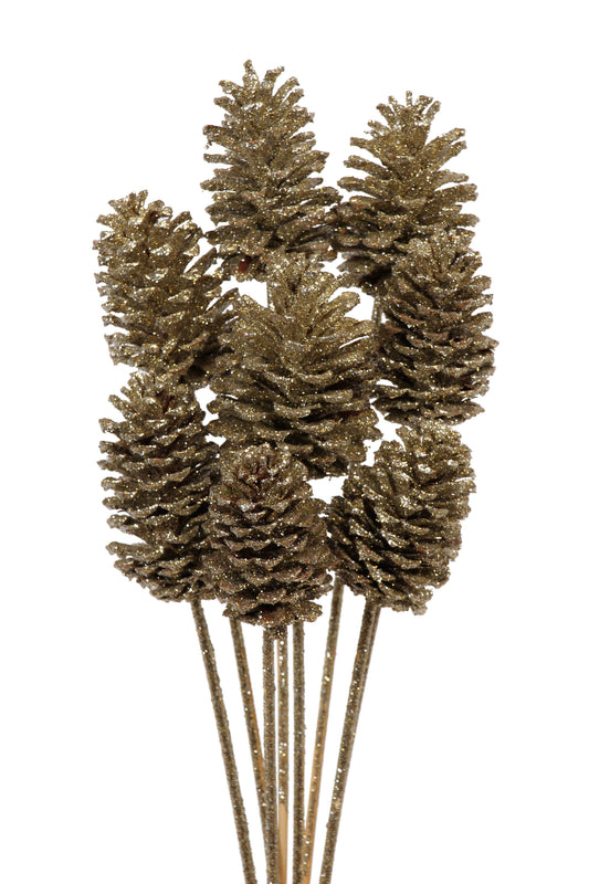 pine cones medium - 8 stem - champagne glitter