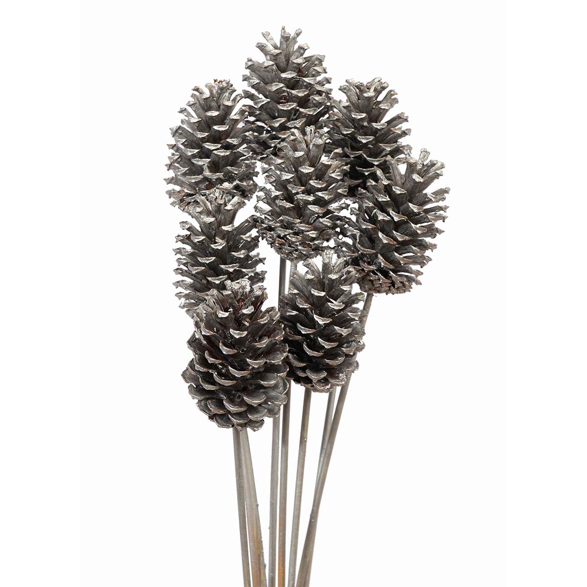 pine cones medium 7-10cm - stem - silver metallic - bulk - 150/case
