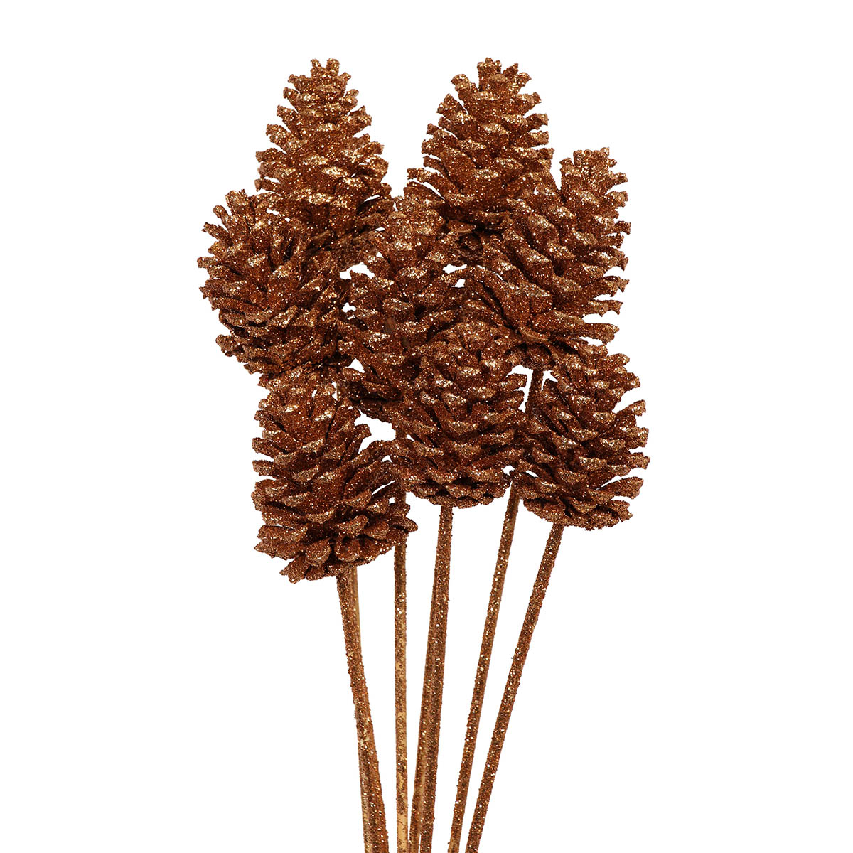 pine cones medium 7-10cm - stem - copper glitter - bulk - 150/case