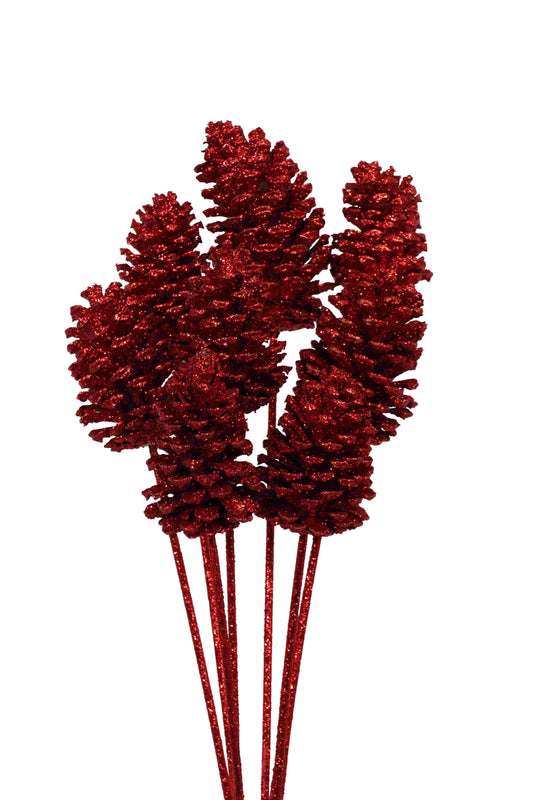 pine cones medium - 8 stem - red glitter