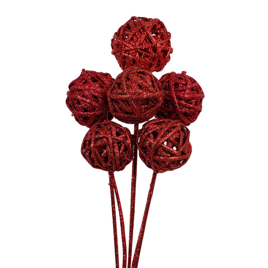 kamboi balls 8 cm on stem - red glitter - bulk - 150/case