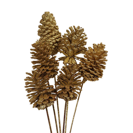 pine cones large 10-15cm - stem - gold glitter - bulk - 100/case