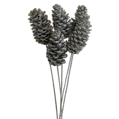pine cones large - 6 stem - silver glitter