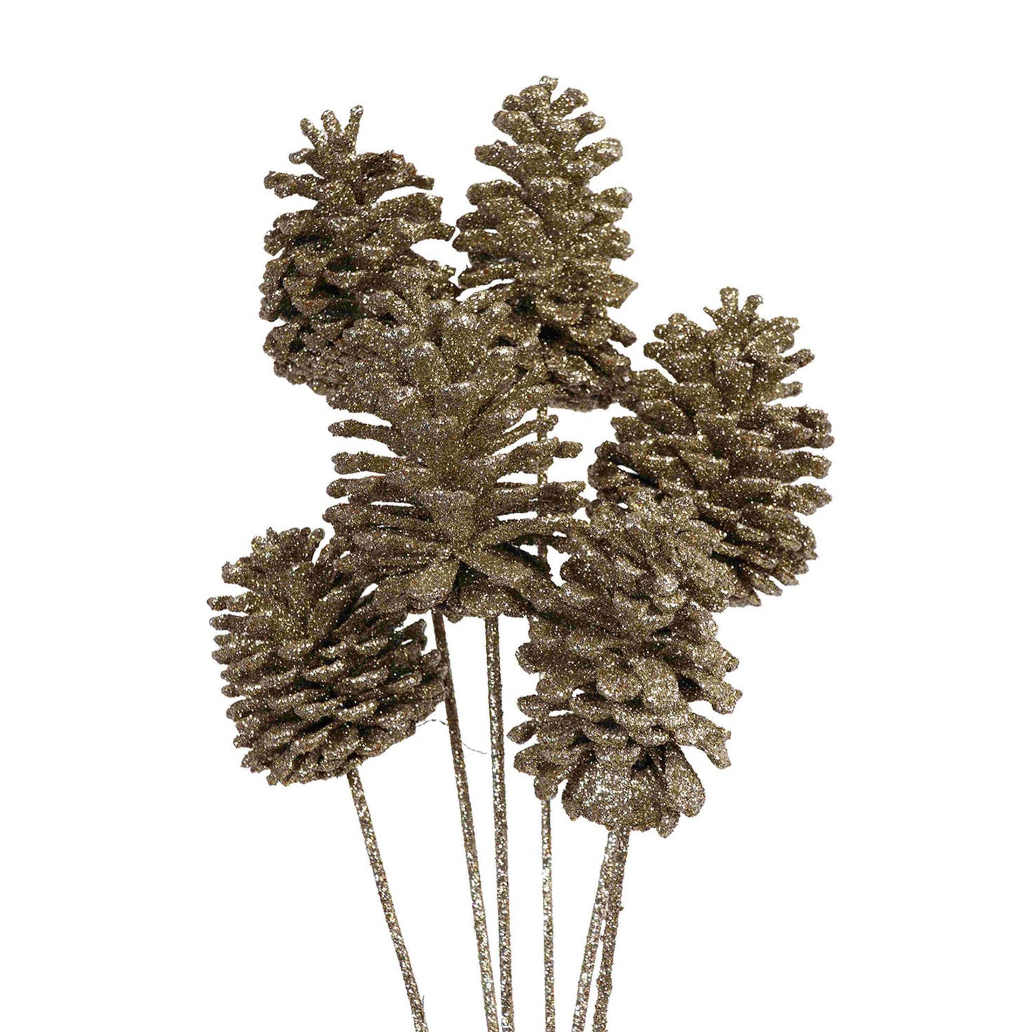 pine cones large 10-15cm - stem - champagne glitter - bulk - 100/case