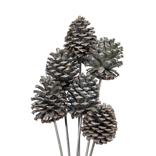 pine cones large - 6 stem - silver metallic