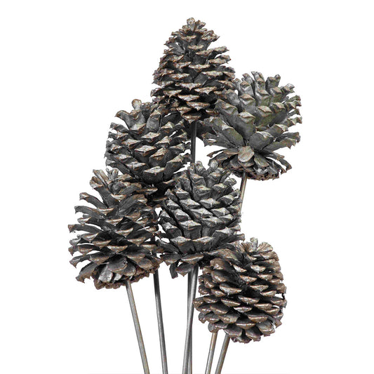 pine cones large 10-15cm - stem - silver metallic - bulk - 100/case